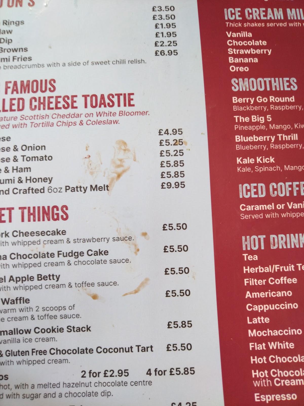 Menu at TJ's Diner restaurant, Tyndrum