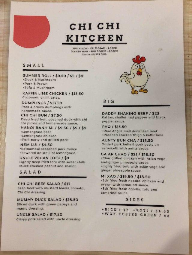 Menu at ChiChi Kitchen restaurant, Auckland, 1C Rawhiti Rd