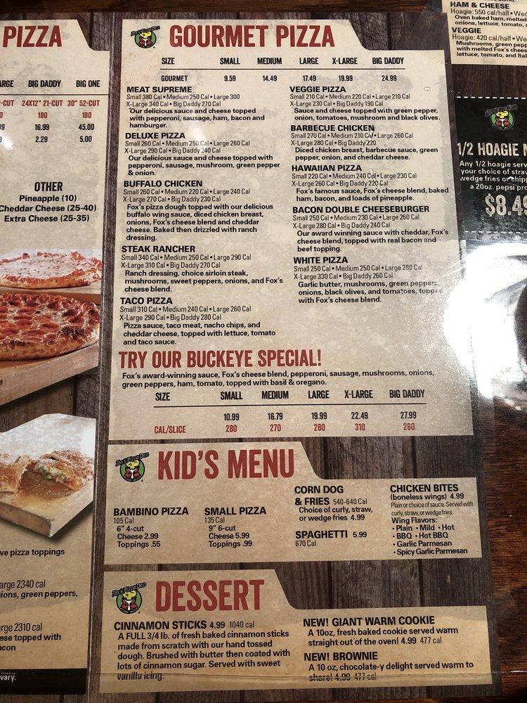 Menu at Fox's Pizza Den pizzeria, Pomeroy