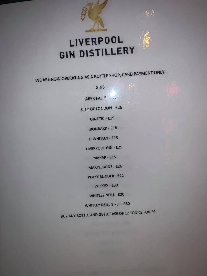 Menu at Liverpool Gin Distillery pub & bar, Liverpool