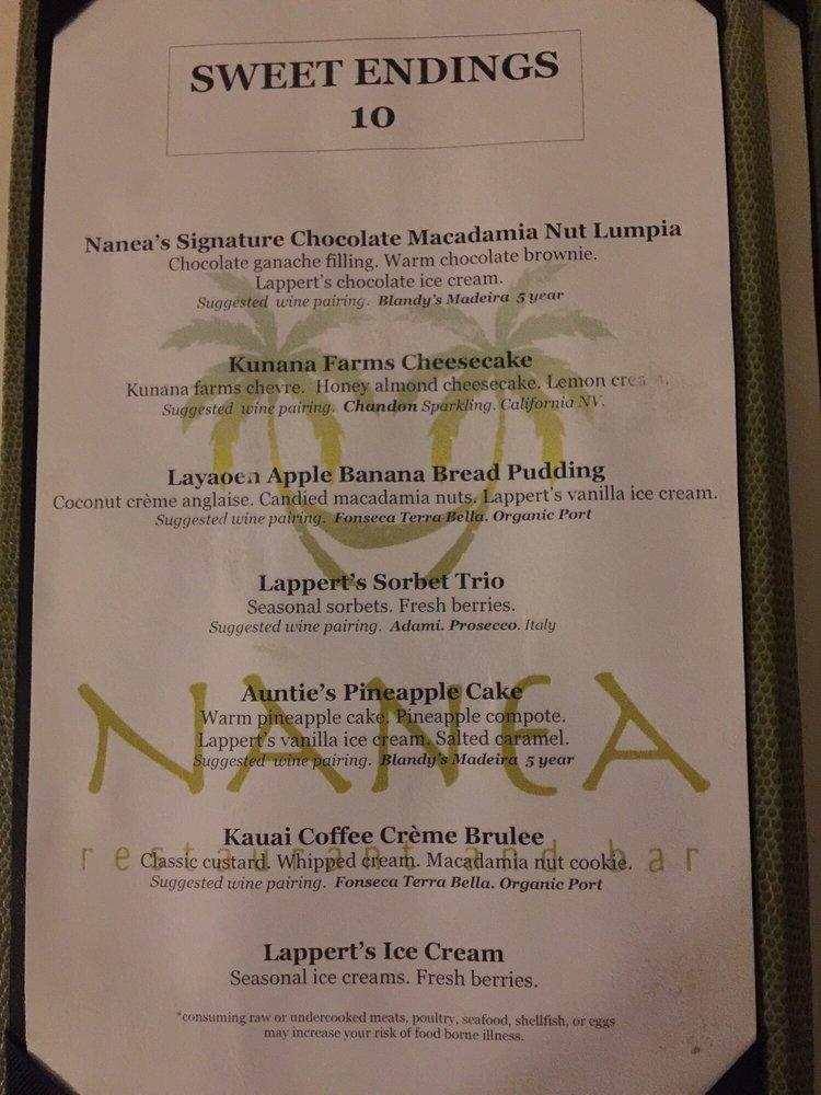 Menu at Nanea Restaurant and Bar, Princeville