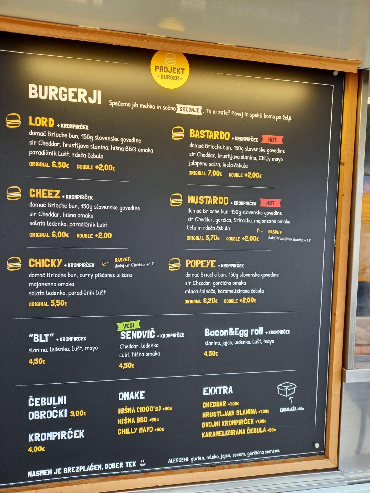 Carta del restaurante Projekt Burger Kranj Jelenčeva ulica 1