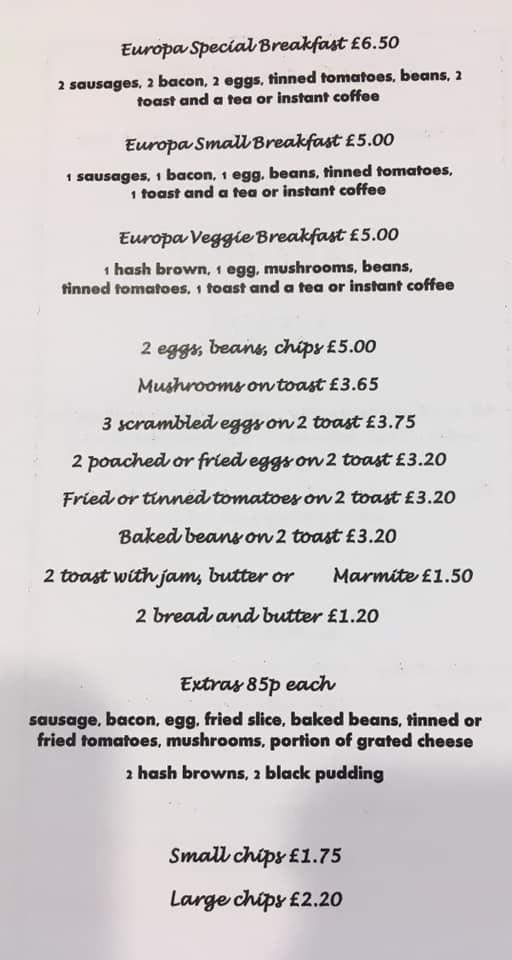 Menu at Cafe Europa, Kettering