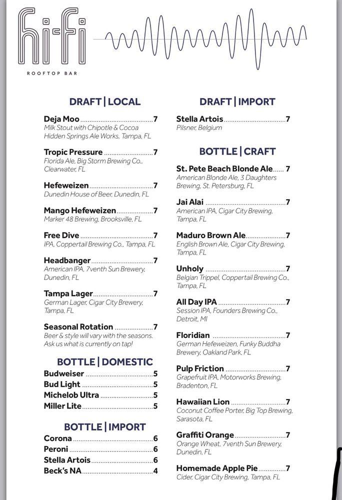 Menu at HiFi Rooftop Bar, Dunedin