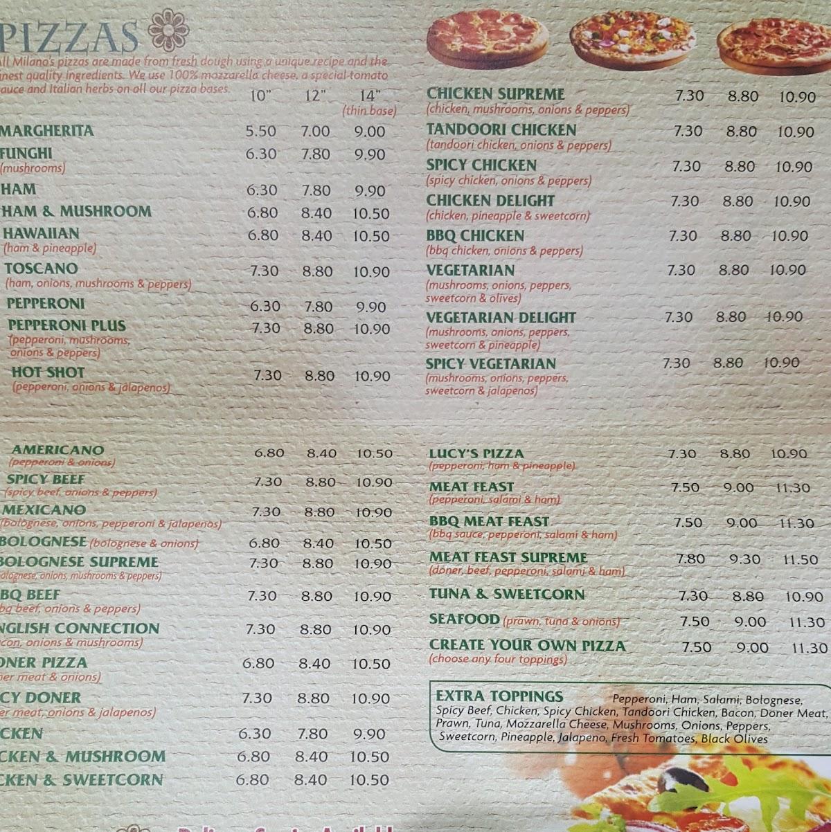 Menu at Pizza Milano pizzeria, Retford