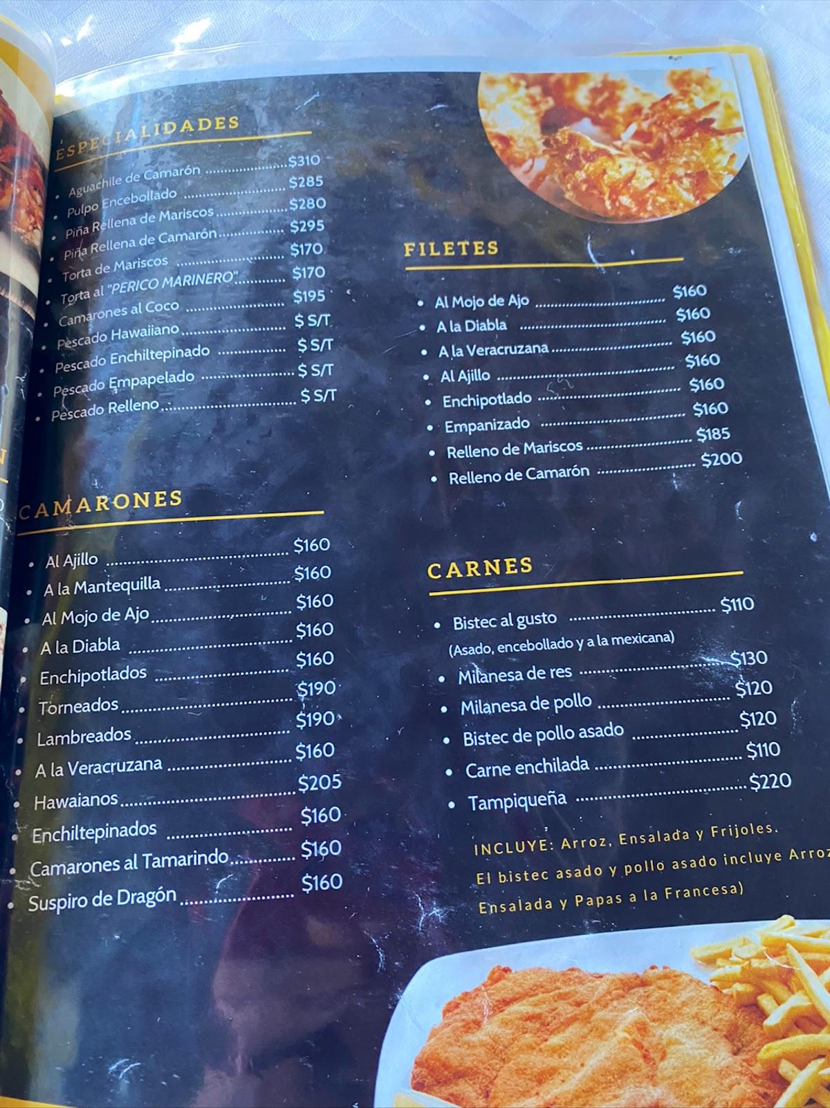 Carta De Restaurante El Perico Marinero Tecolutla