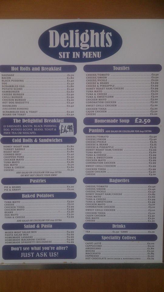 Menu at Delight's cafe, Glasgow, 170 Woodhill Rd