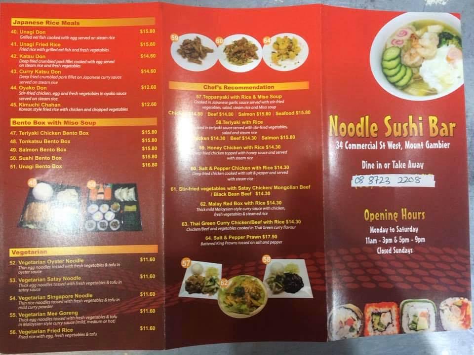 Menu at Noodle Sushi Bar, Mount Gambier