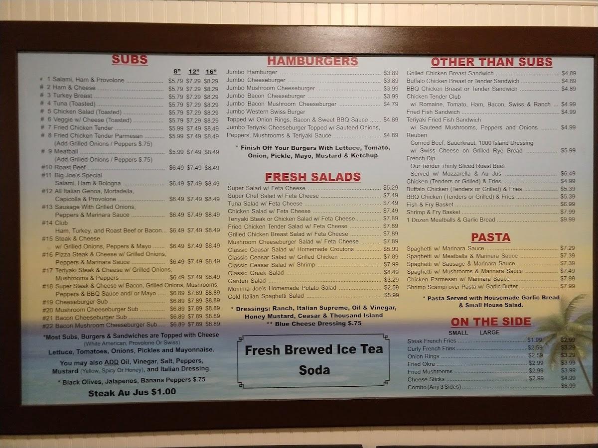 Menu at Big Joe's Subs restaurant, New Smyrna Beach