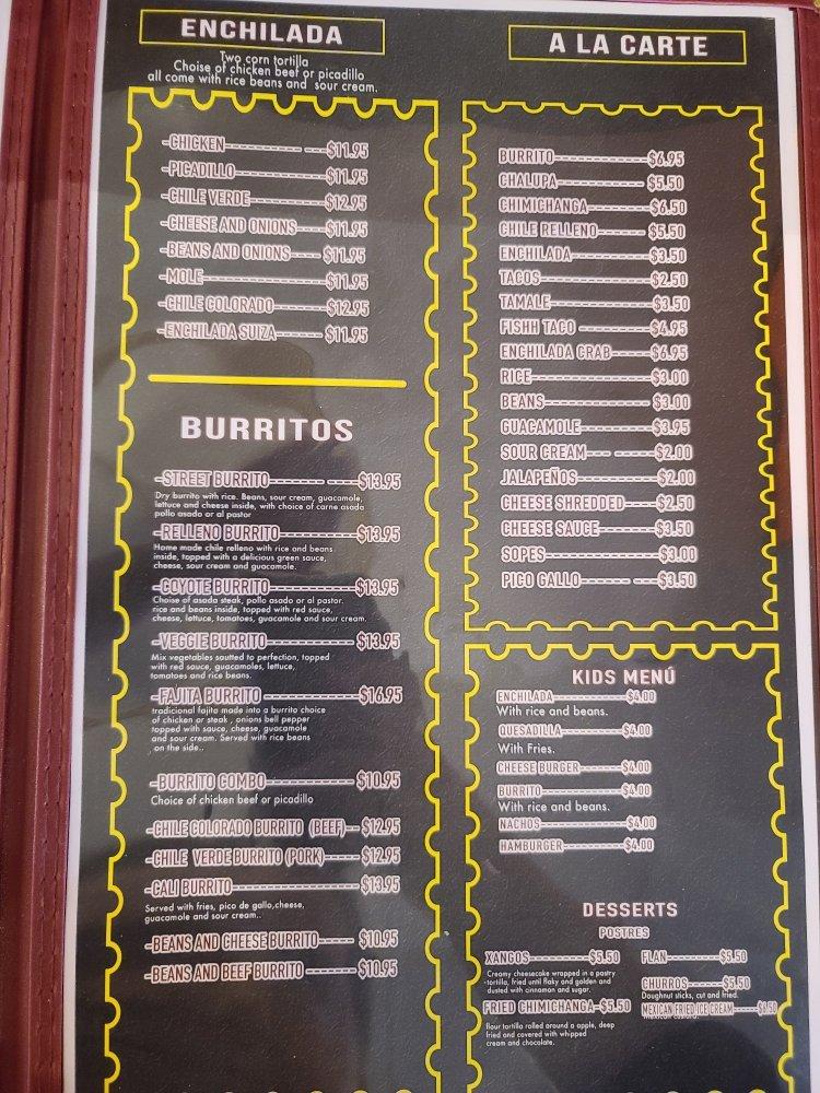 Menu at El Coyote Mexican Restaurant, North Bend