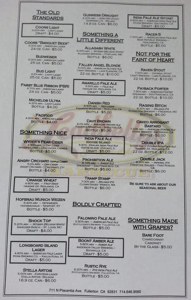 Menu at Leadbelly's Barbecue, Fullerton