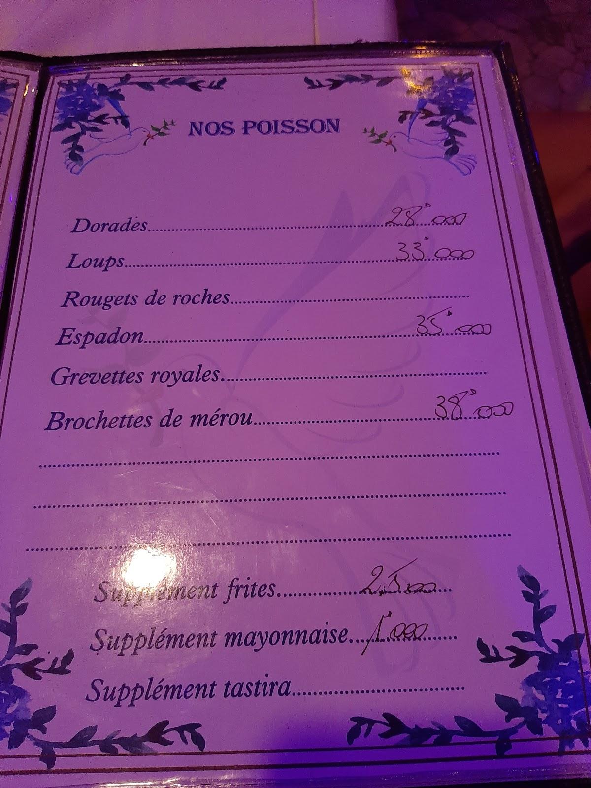 Menu au Oiseau Bleu restaurant, La Goulette