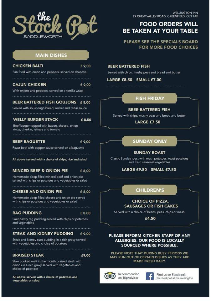 Menu at The Stockpot at the Wellington restaurant, Greenfield