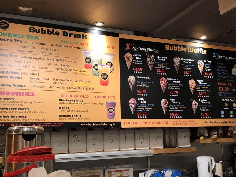 Menu at Bubble waffle factory cafe, Dublin, 20 Liffey street lower