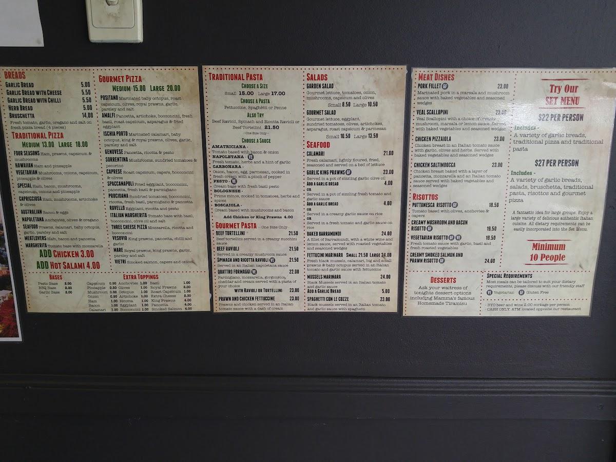 Menu at Amalfi Pizzeria, Coffs Harbour