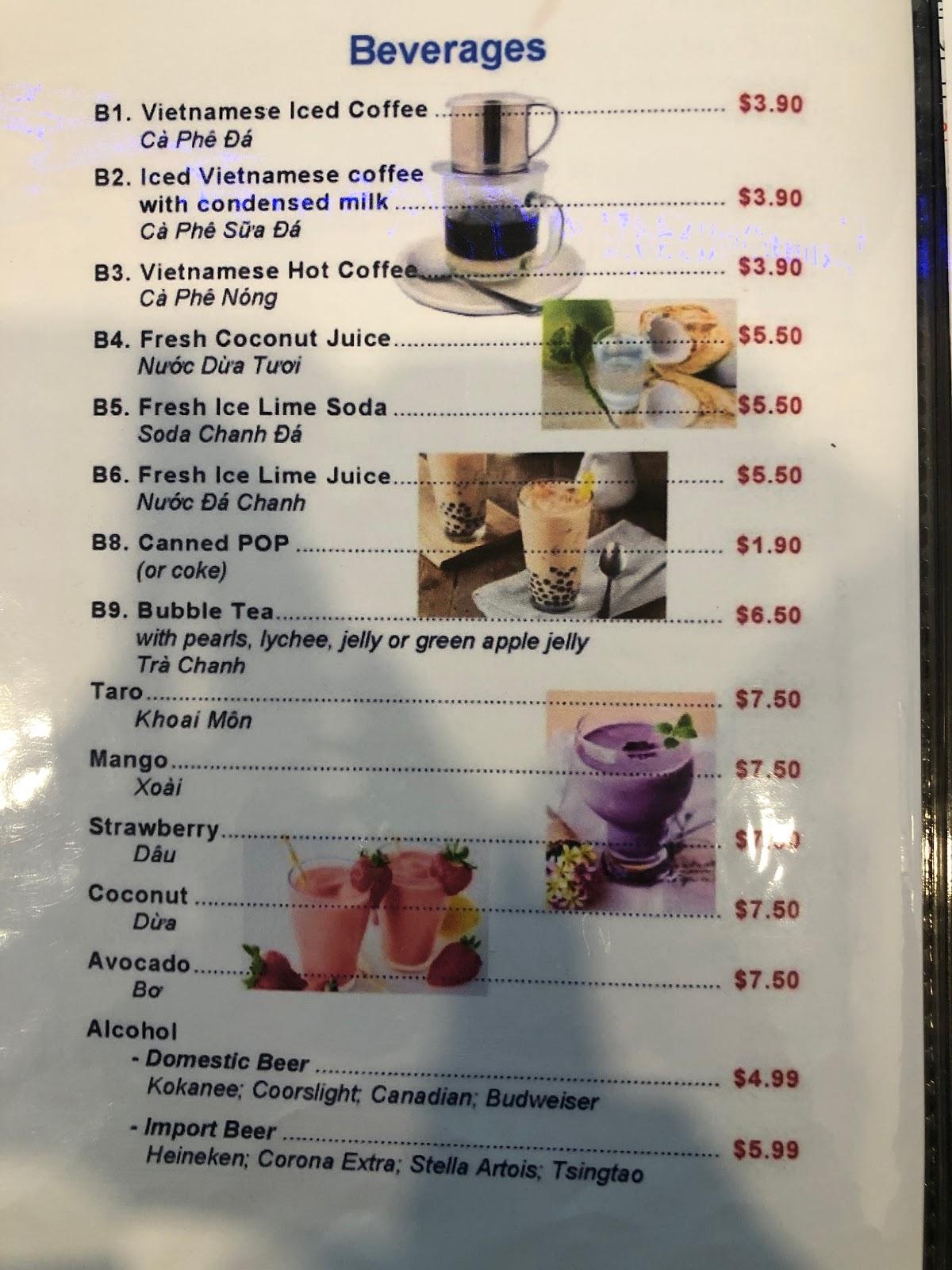 Menu at Pho Dinosaur Vietnamese restaurant, Drumheller