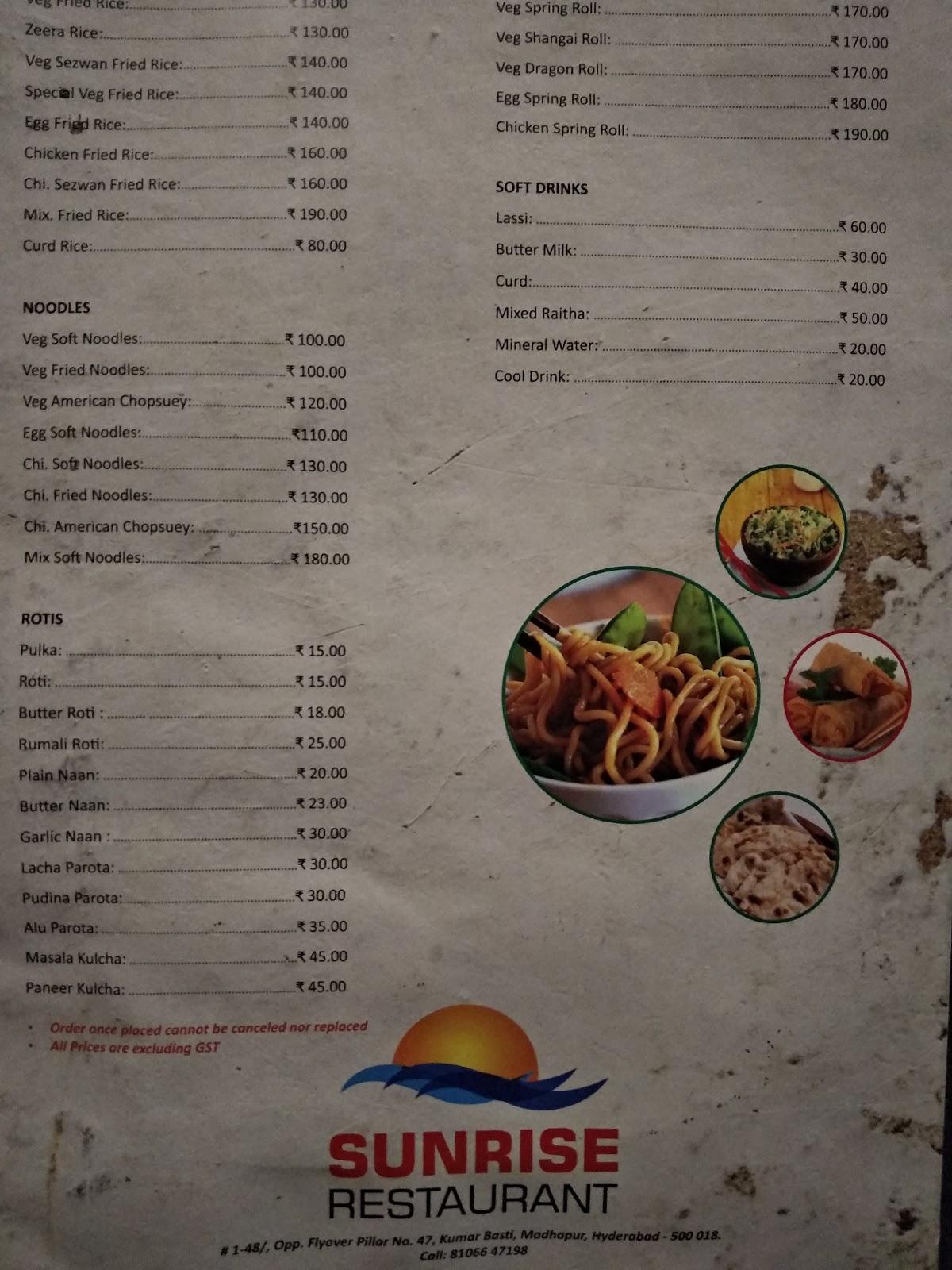 Menu at Sunrise Restaurant, Hyderabad, C9RQ+CHQ