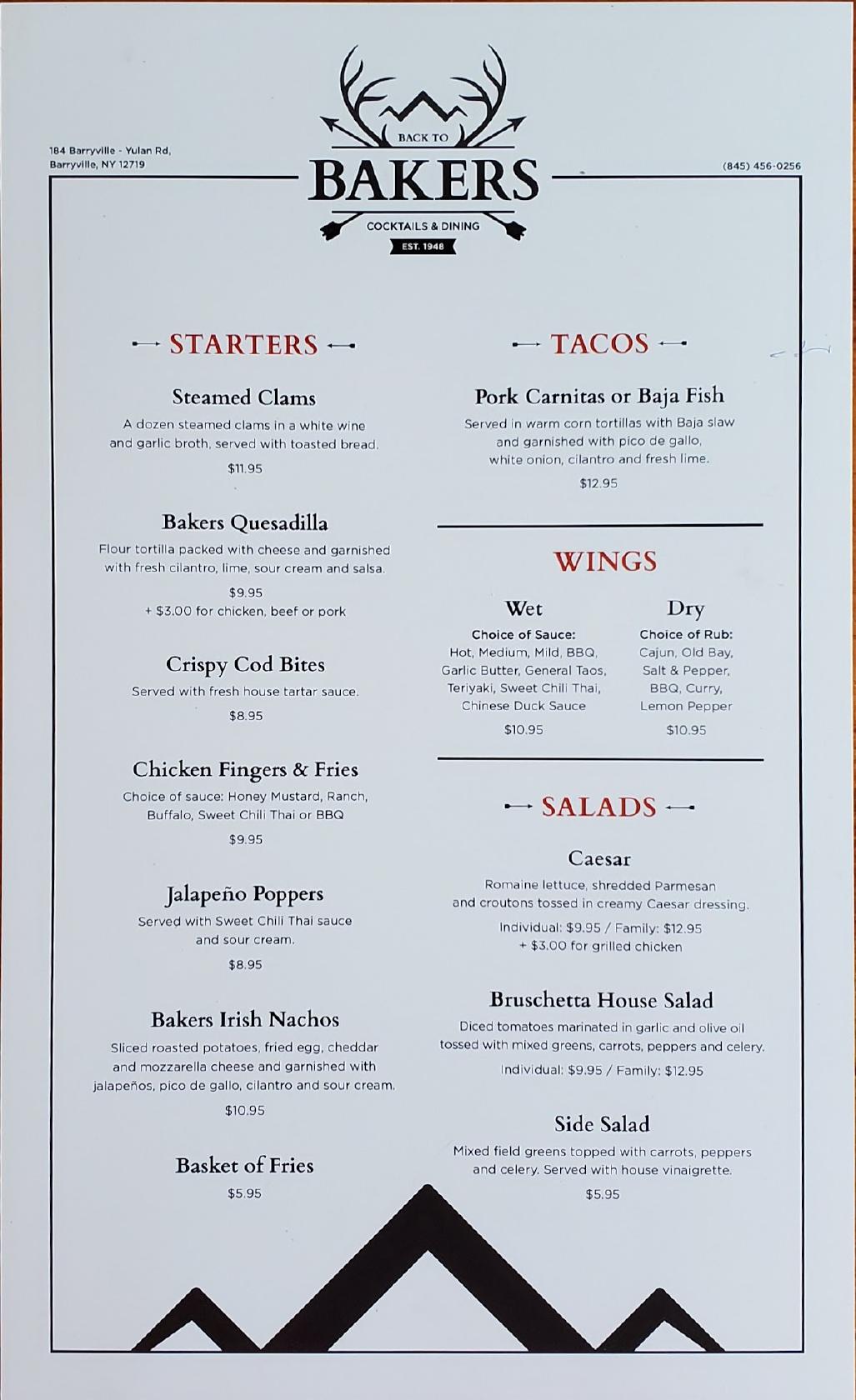 Menu at Back to Bakers pub & bar, Yulan