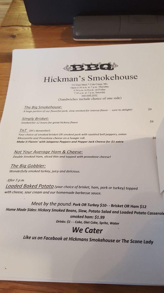Menu at Hickman’s Smokehouse and the Scone Lady restaurant, Cole Camp