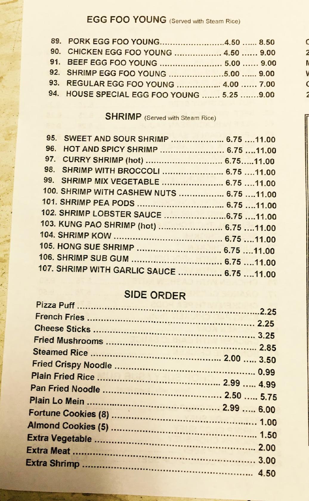 Menu at Hong Kong Kitchen restaurant, Hammond