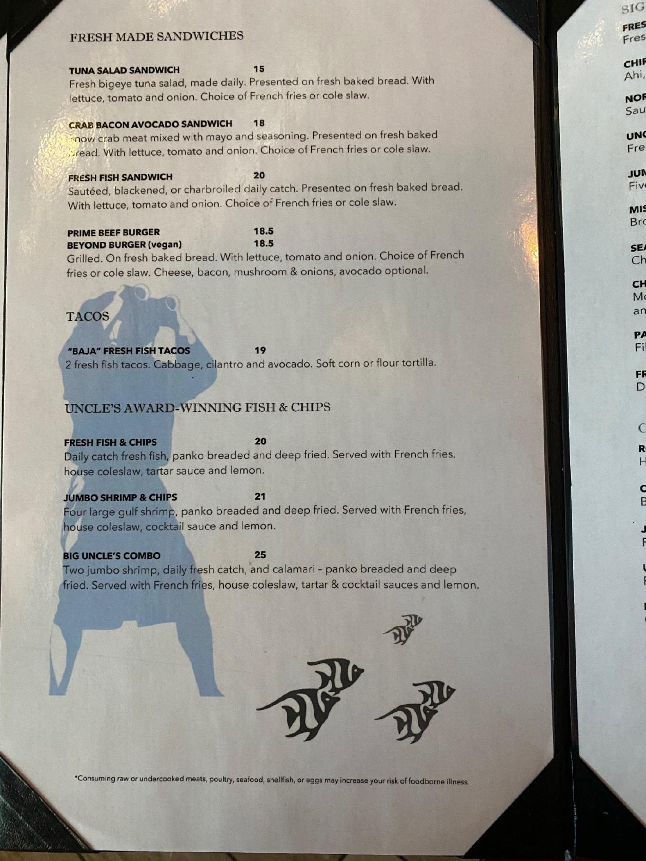 Menu at *PIER 38 LOCATION CLOSED PERMANENTLY* Uncle's Fish Market