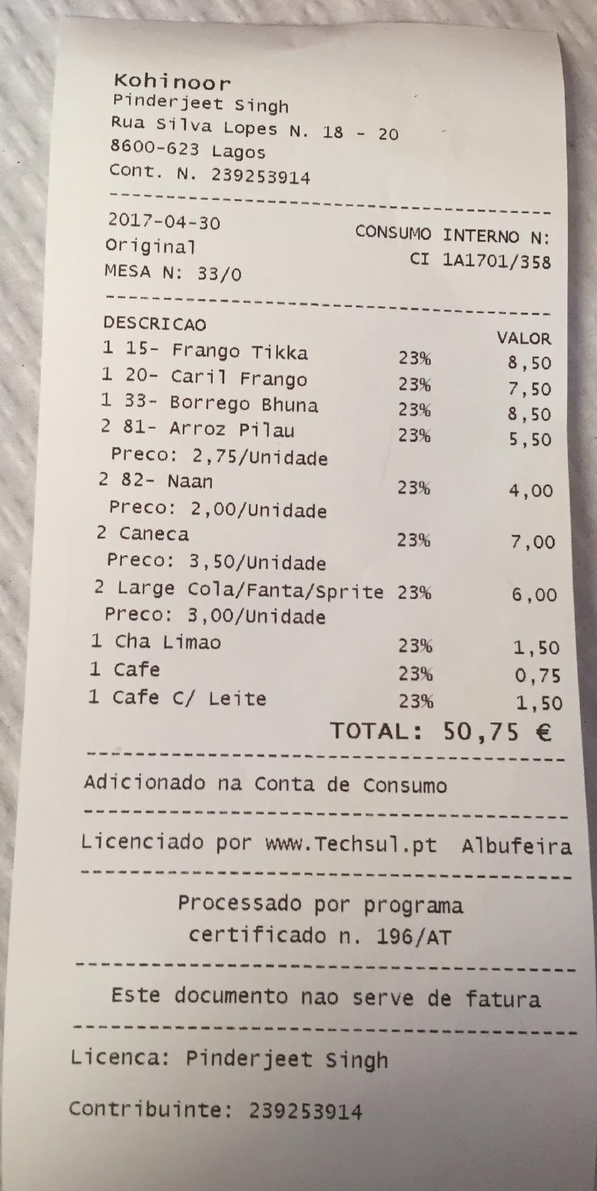 Menu at Restaurant Kohinoor, Lagos