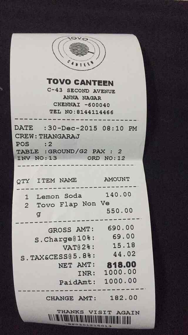 Menu at Tovo Canteen, Chennai, Block AF