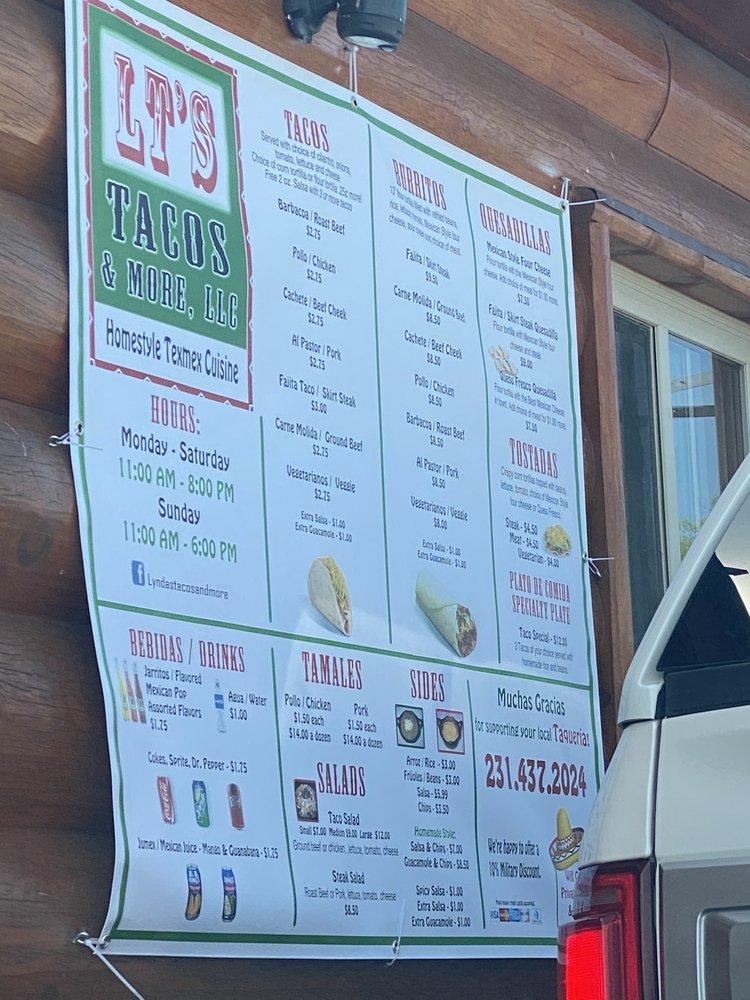 Menu at LT's Tacos fast food, Charlevoix
