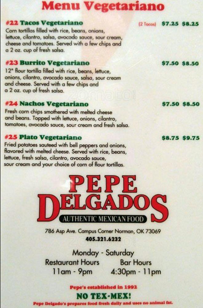 Menu at Pepe Delgados restaurant, Norman