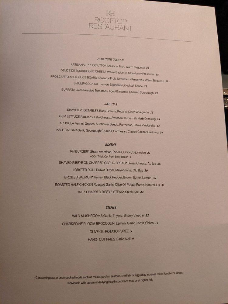 Menu at RH Rooftop Restaurant Columbus, Columbus