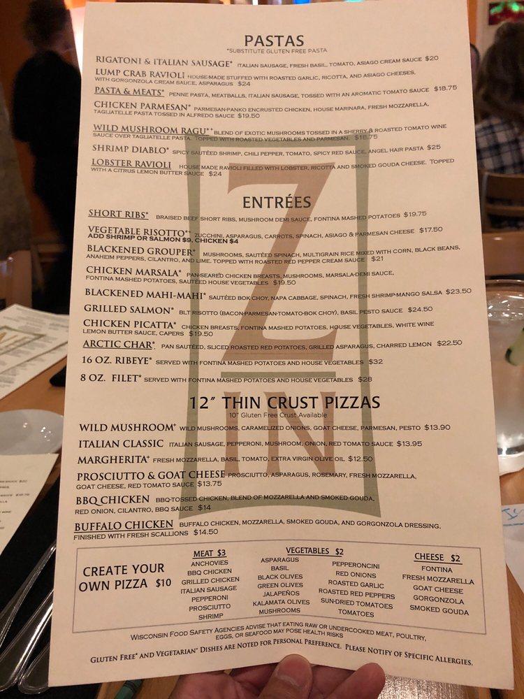 Carta del pub y bar Zin - Uncommon California Italian, Delafield