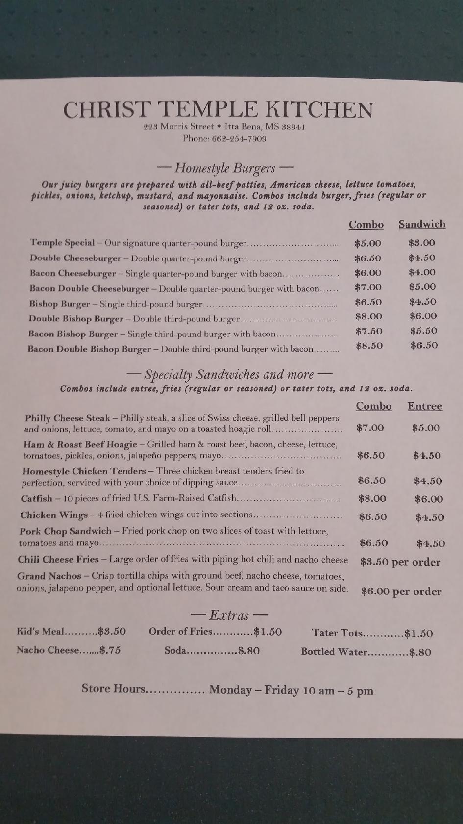 Menu at Christ Temple Kitchen restaurant, Itta Bena