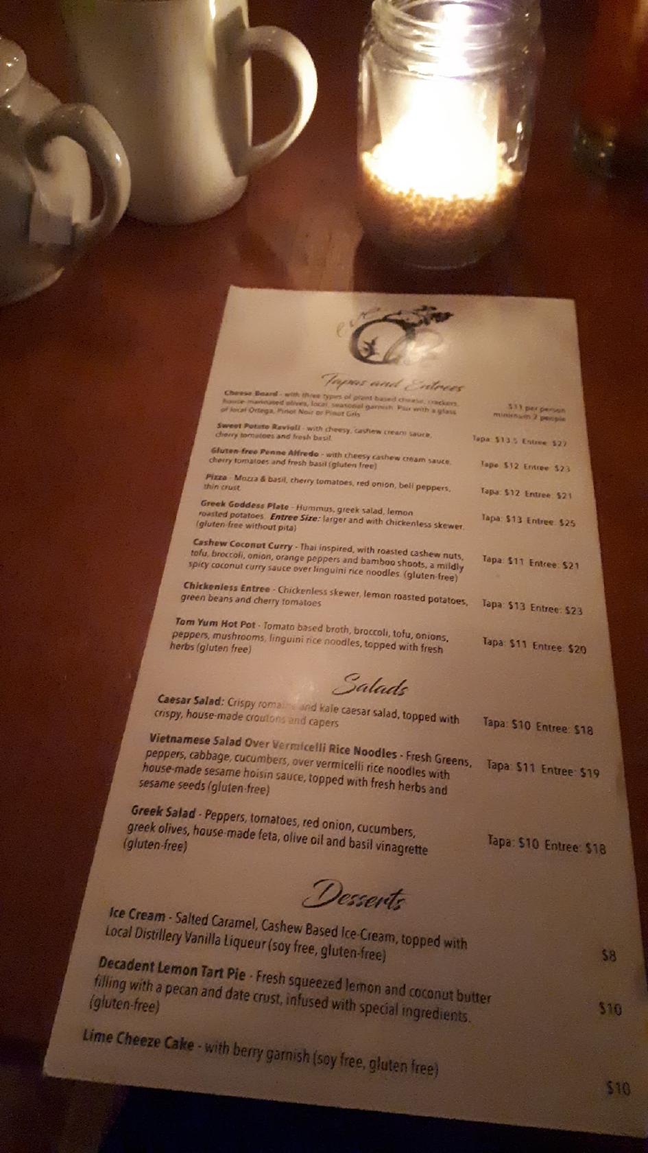 Menu at Eve Olive restaurant, Nanaimo