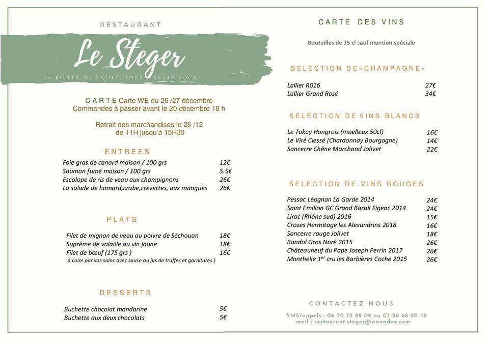 Menu au Au Steger restaurant, Socx
