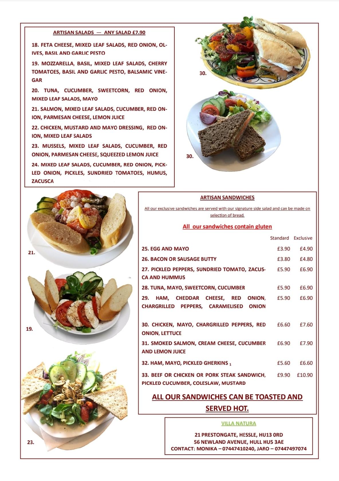 Menu at Villa Natura Coffee Shop Hessle cafe, Hessle
