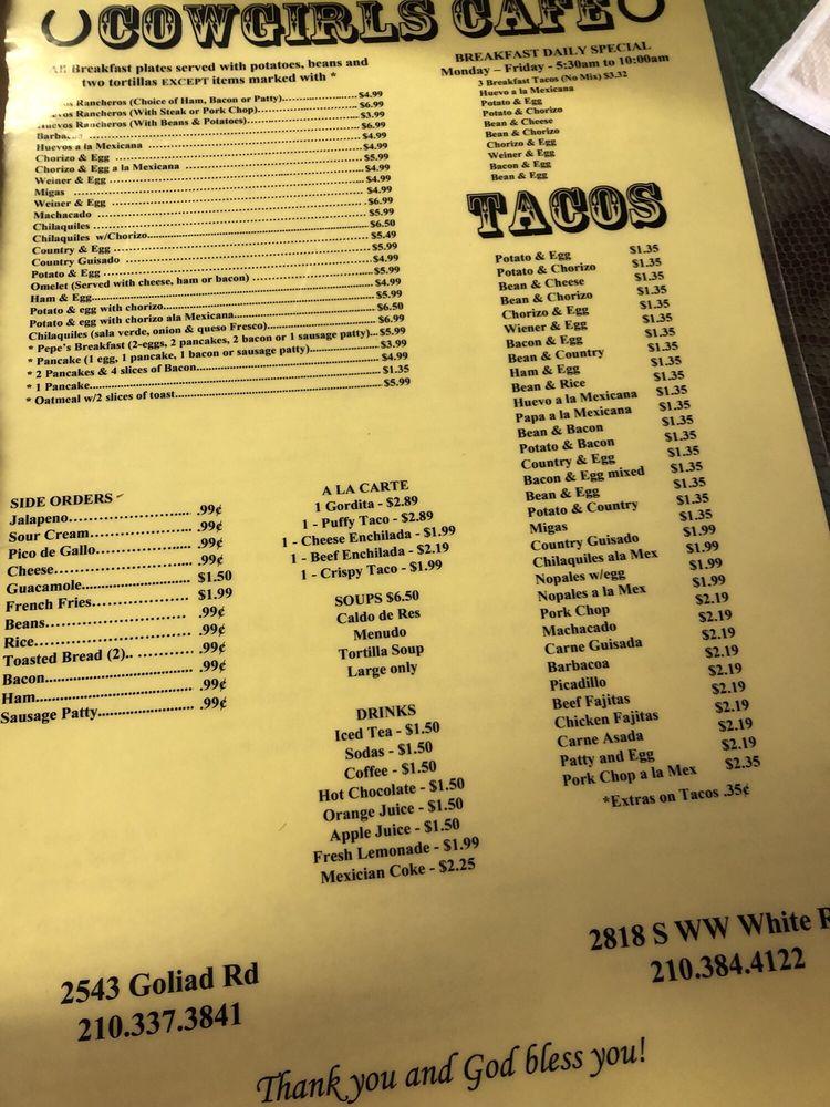 Menu at Cowgirl Cafe, San Antonio, S Ww White Rd