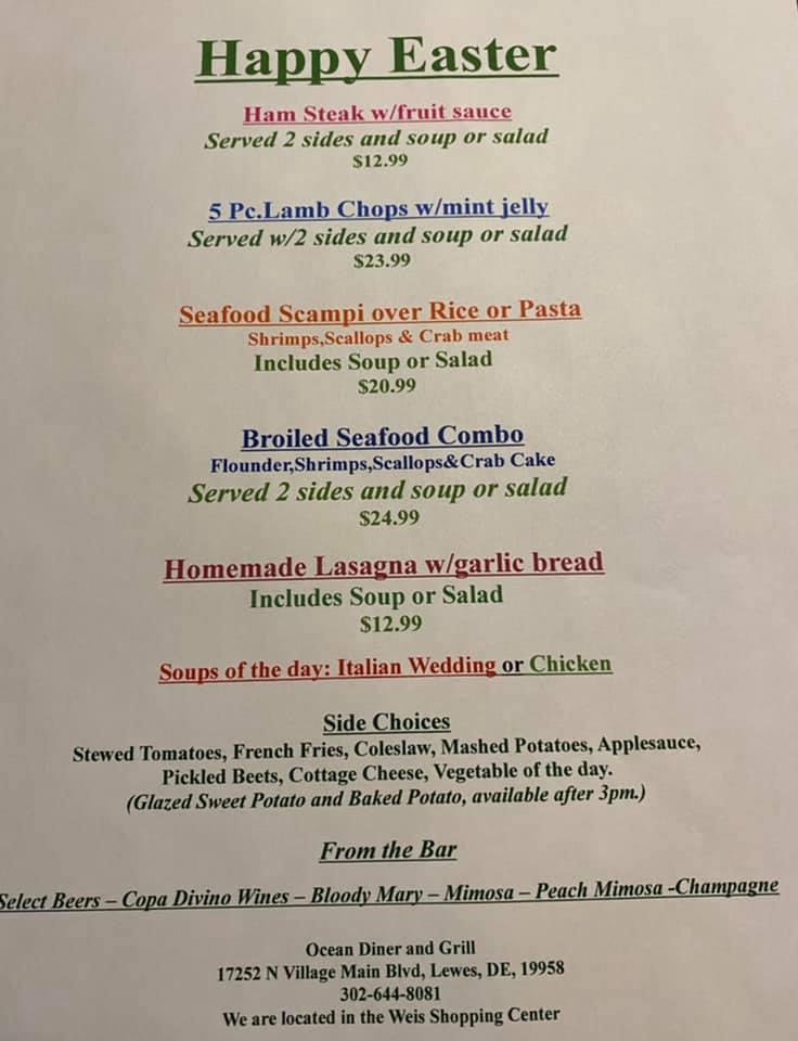 Menu at Ocean Grill restaurant, Lewes