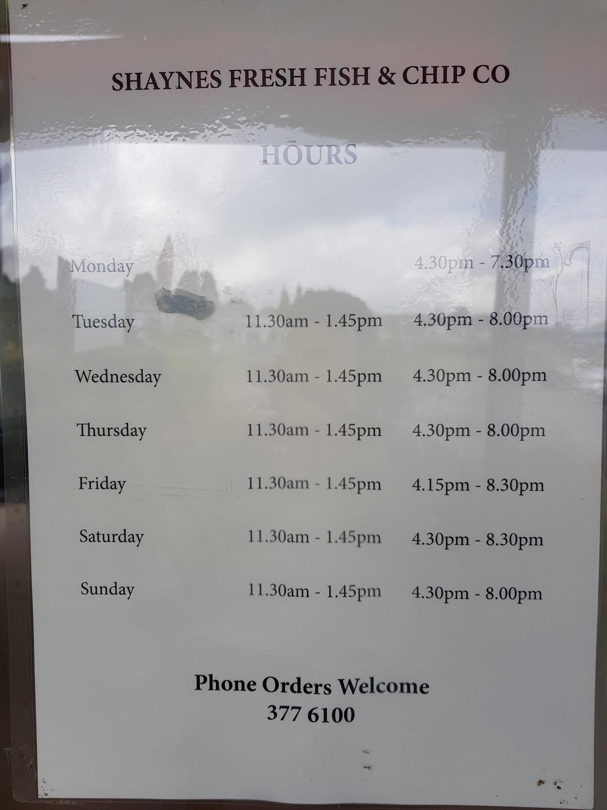 Menu at Shaynes Fresh Fish & Chip fast food, Taupo