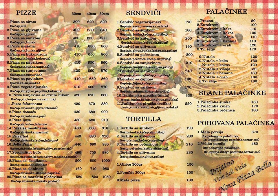 Menu at Pizza Bella restaurant, Subotica