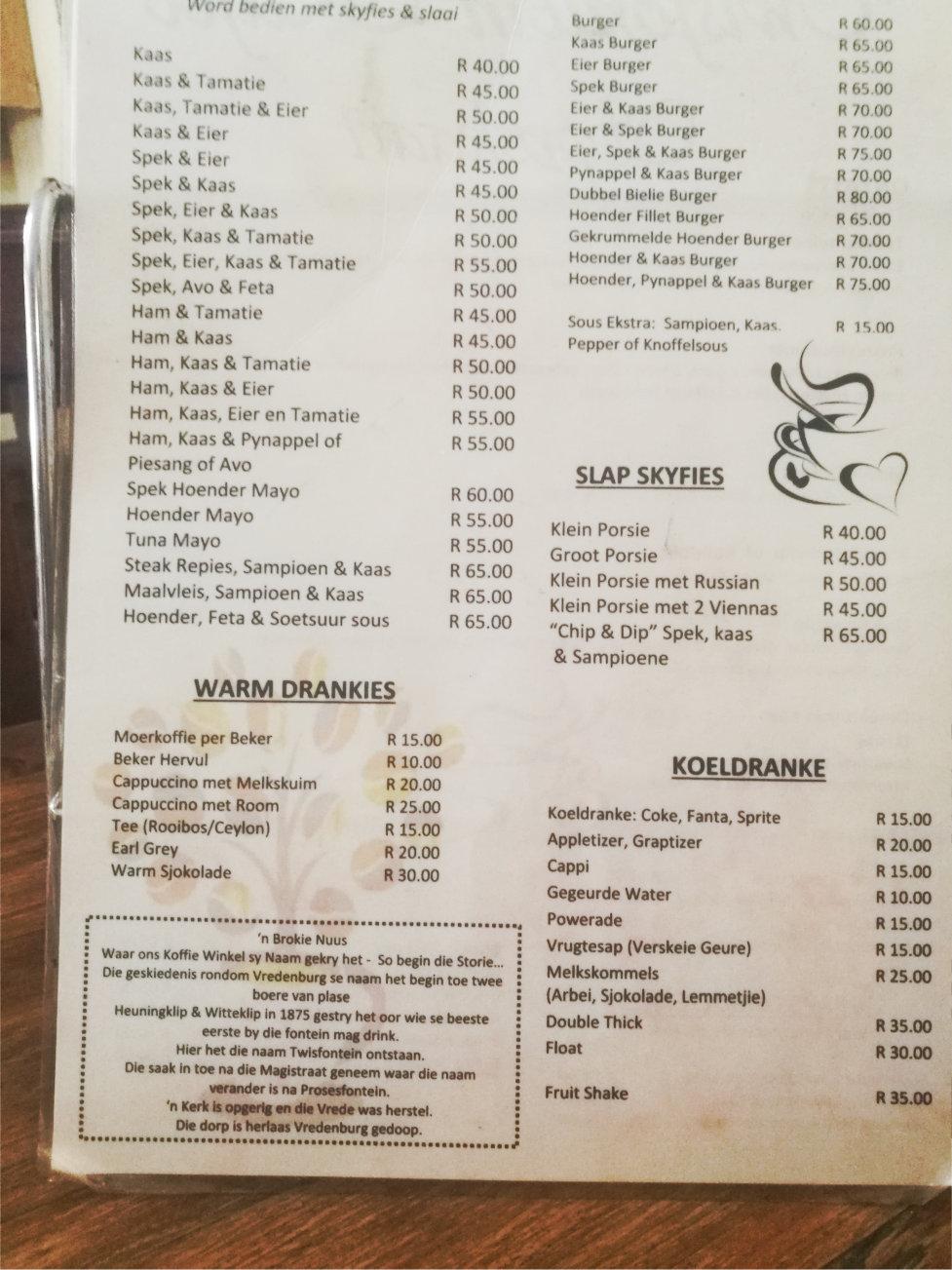 Menu at Twisfontein Kafee cafe, Vredenburg