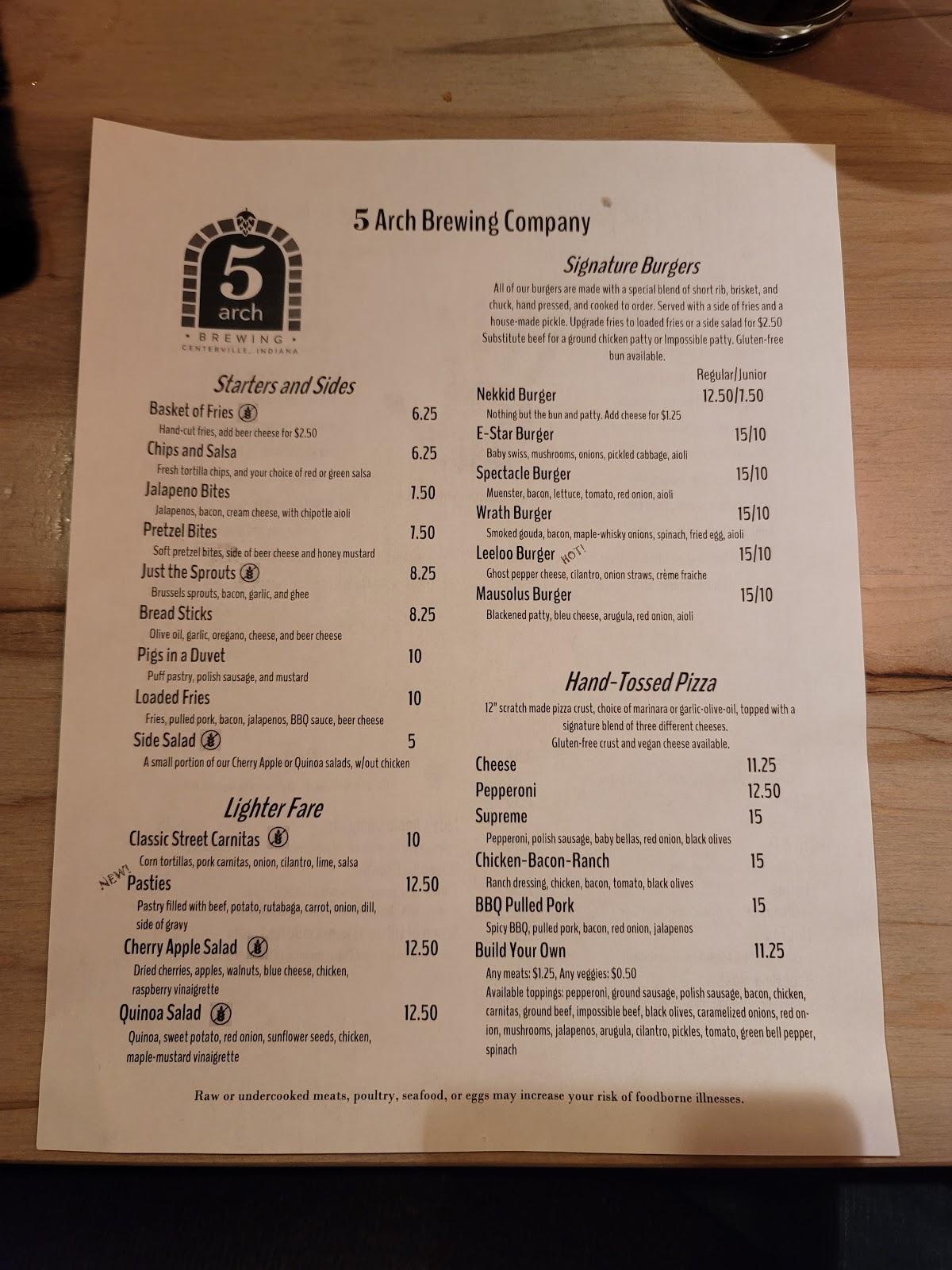 Menu at 5 Arch Brewing Co pub & bar, Centerville