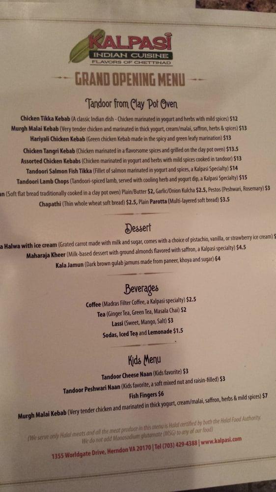 Menu at Kalpasi Indian Cuisine restaurant, Herndon, Worldgate Dr