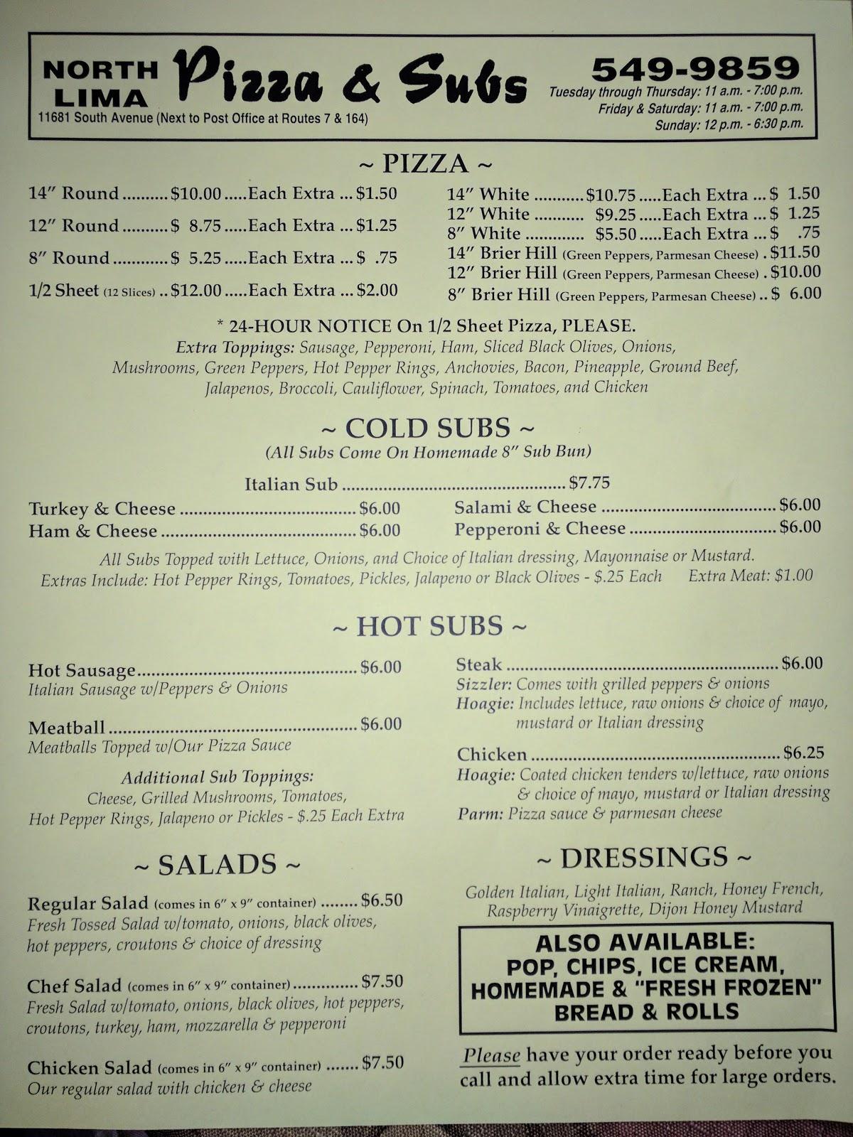 Menu at North Lima Pizza pizzeria, North Lima