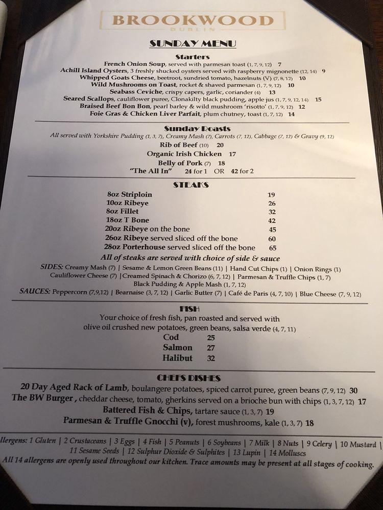 Menu at Brookwood steakhouse, Dublin, 141 Baggot Street Lower