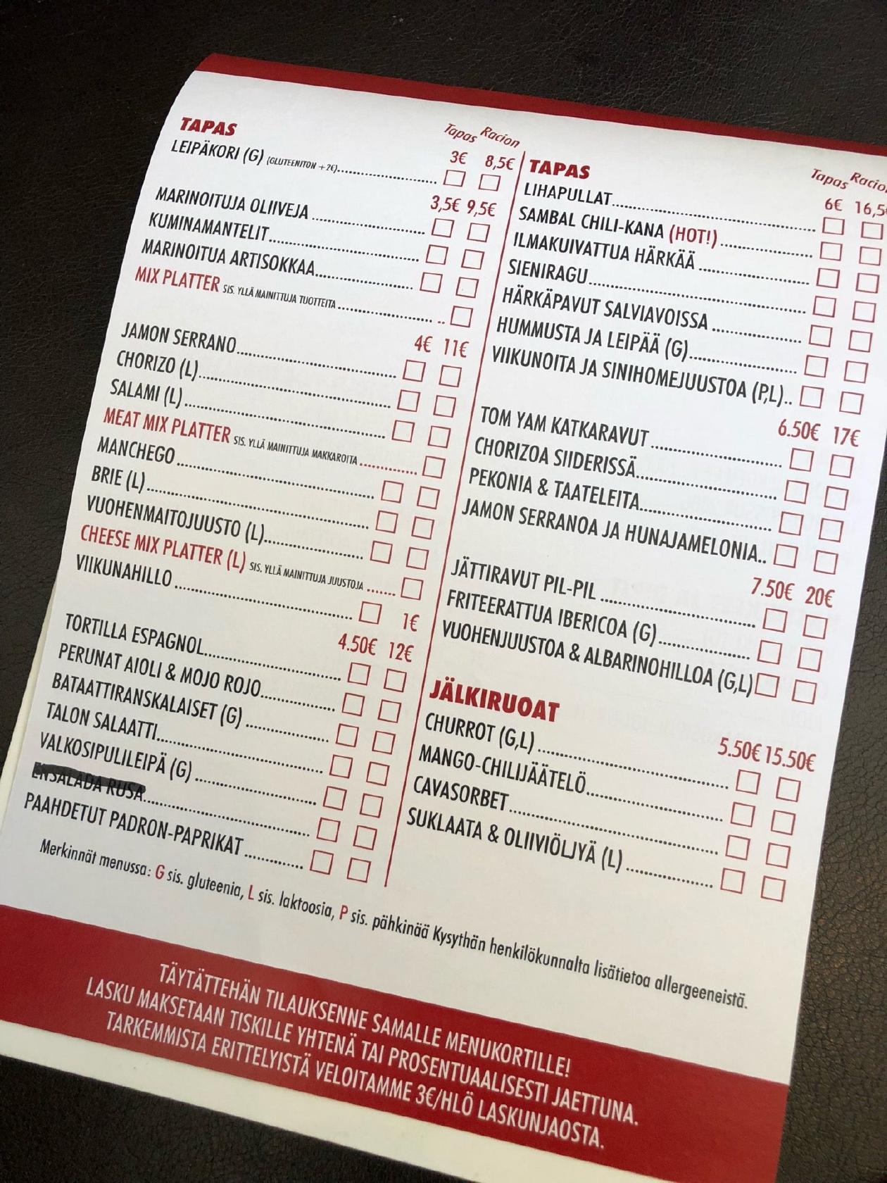 Menu at Bar Inez, Tampere