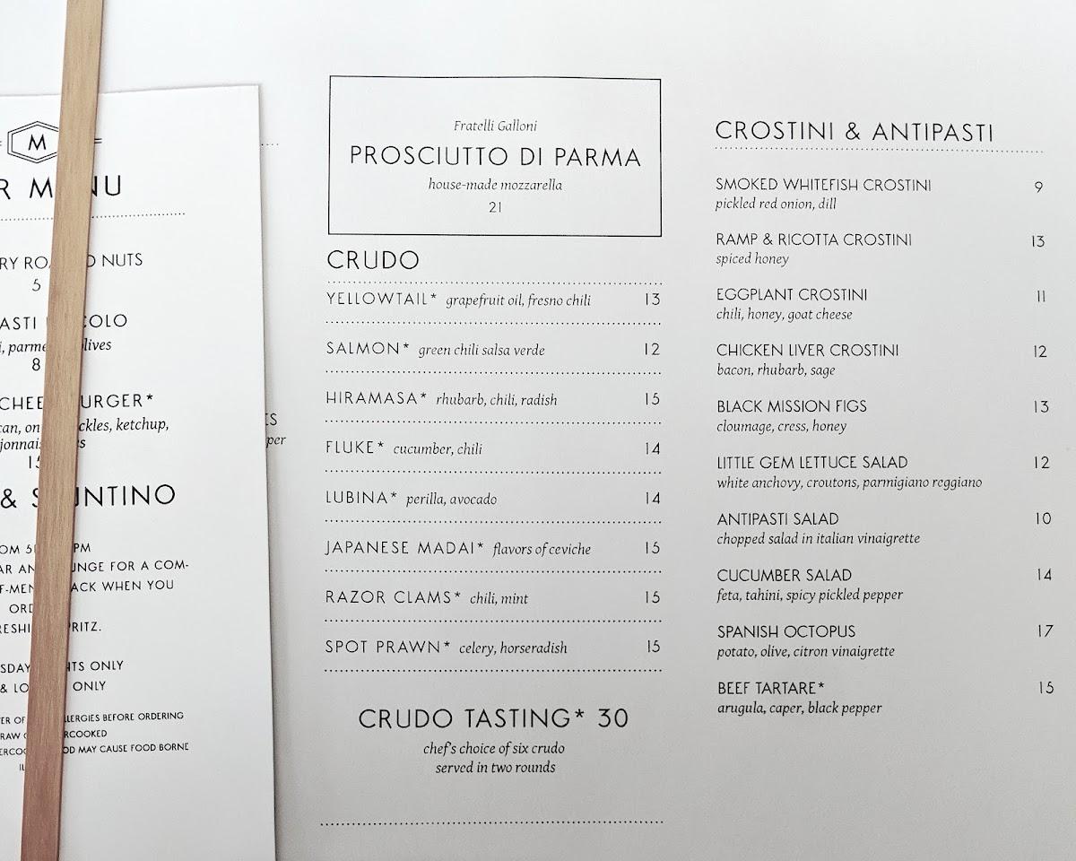 Menu at Bar Mezzana, Boston