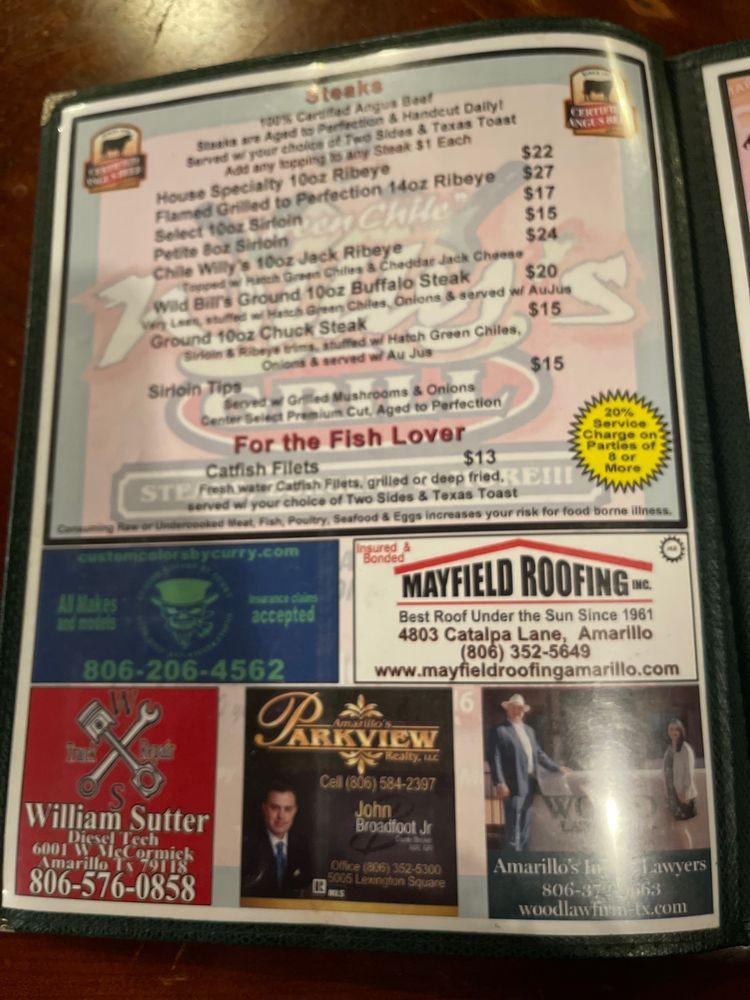 Menu at Green Chile Willy's steakhouse, Amarillo