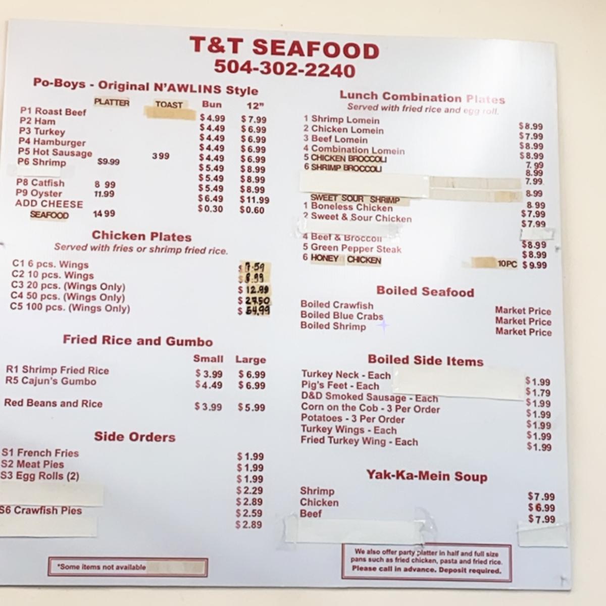 Carta del restaurante T&T Seafood & Po-Boys, Nueva Orleans