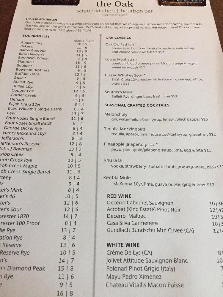 Menu at the Oak, Kitchen Bourbon Bar, Raleigh