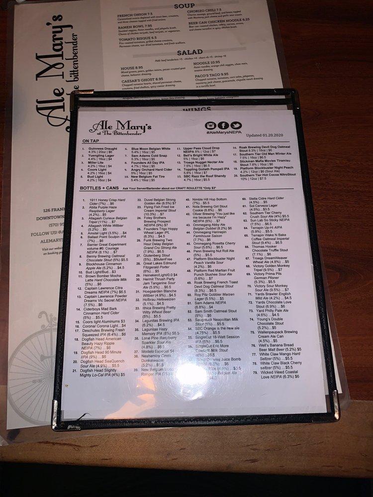 Menu at Ale Mary's at the Bittenbender pub & bar, Scranton